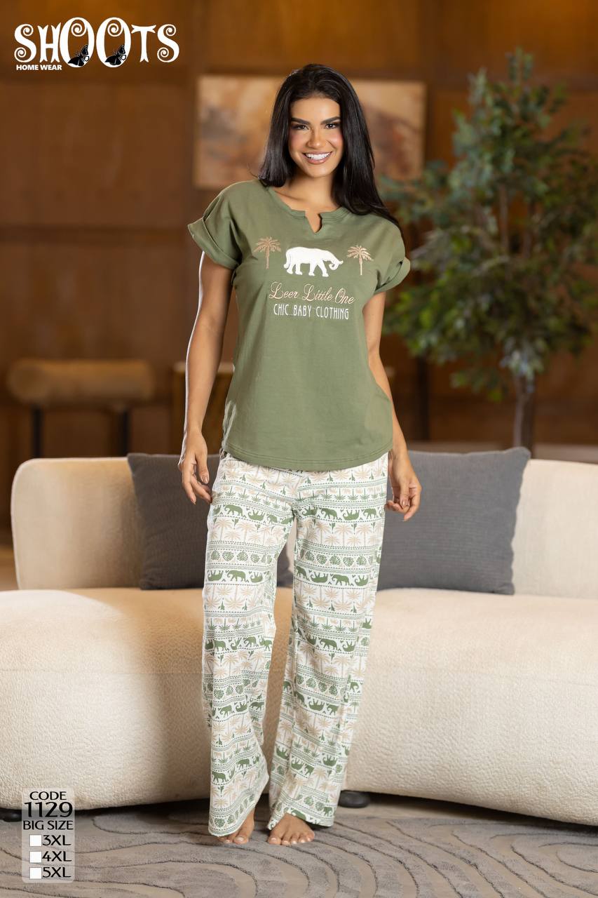 Casual Green T-Shirt & Patterned Pants Set