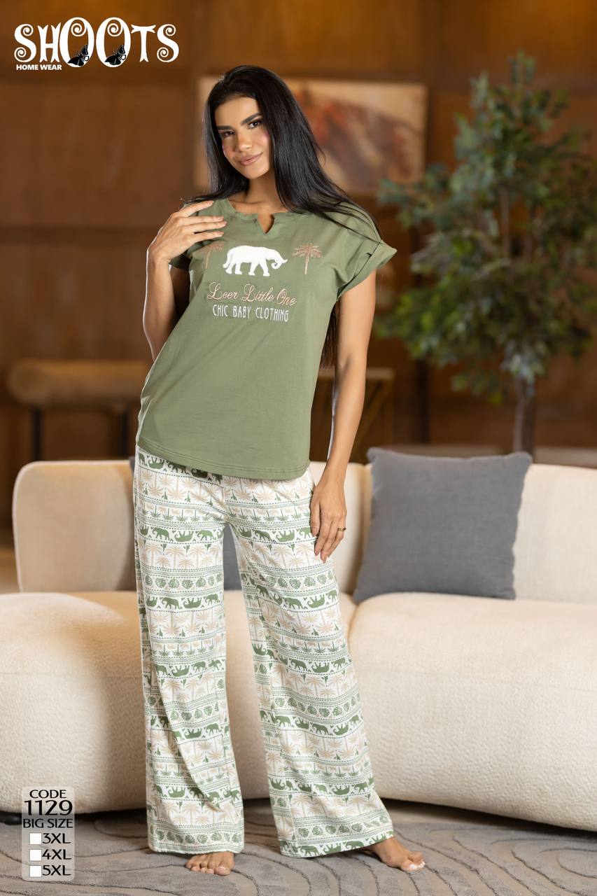 Casual Green T-Shirt & Patterned Pants Set