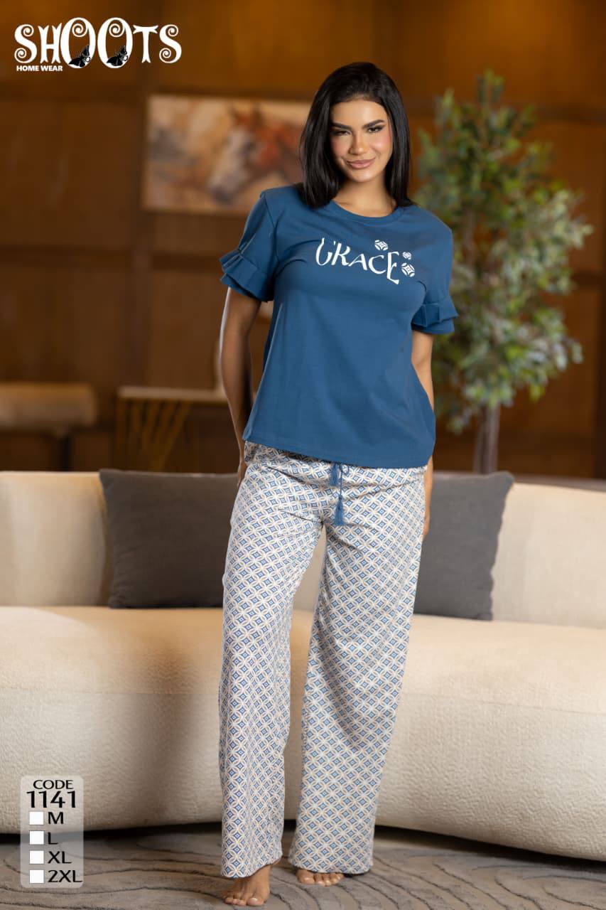 Blue “Grace” T-Shirt & Patterned Pants Set