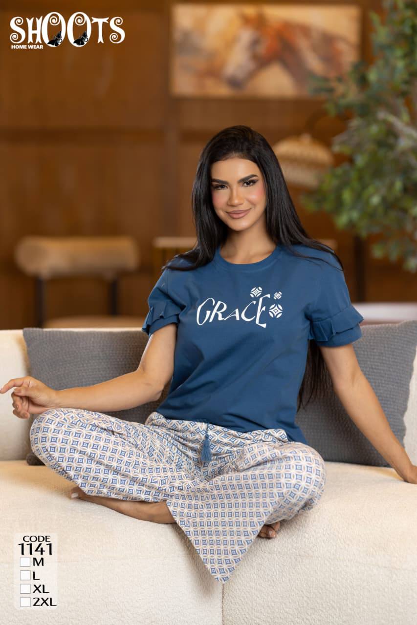 Blue “Grace” T-Shirt & Patterned Pants Set