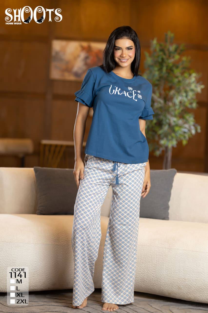 Blue “Grace” T-Shirt & Patterned Pants Set