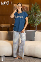 Blue “LOTUS” T-Shirt & Patterned Pants Set