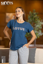 Blue “LOTUS” T-Shirt & Patterned Pants Set