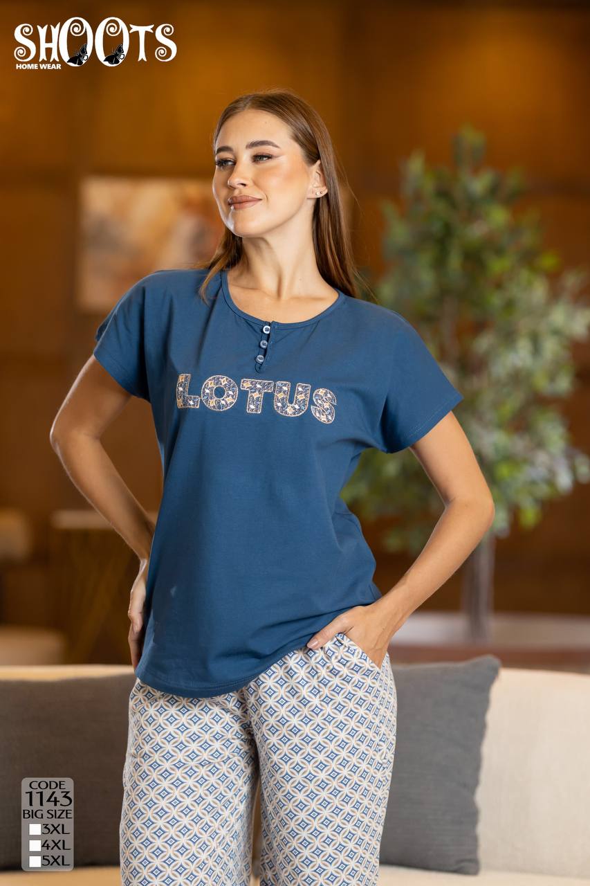 Blue “LOTUS” T-Shirt & Patterned Pants Set