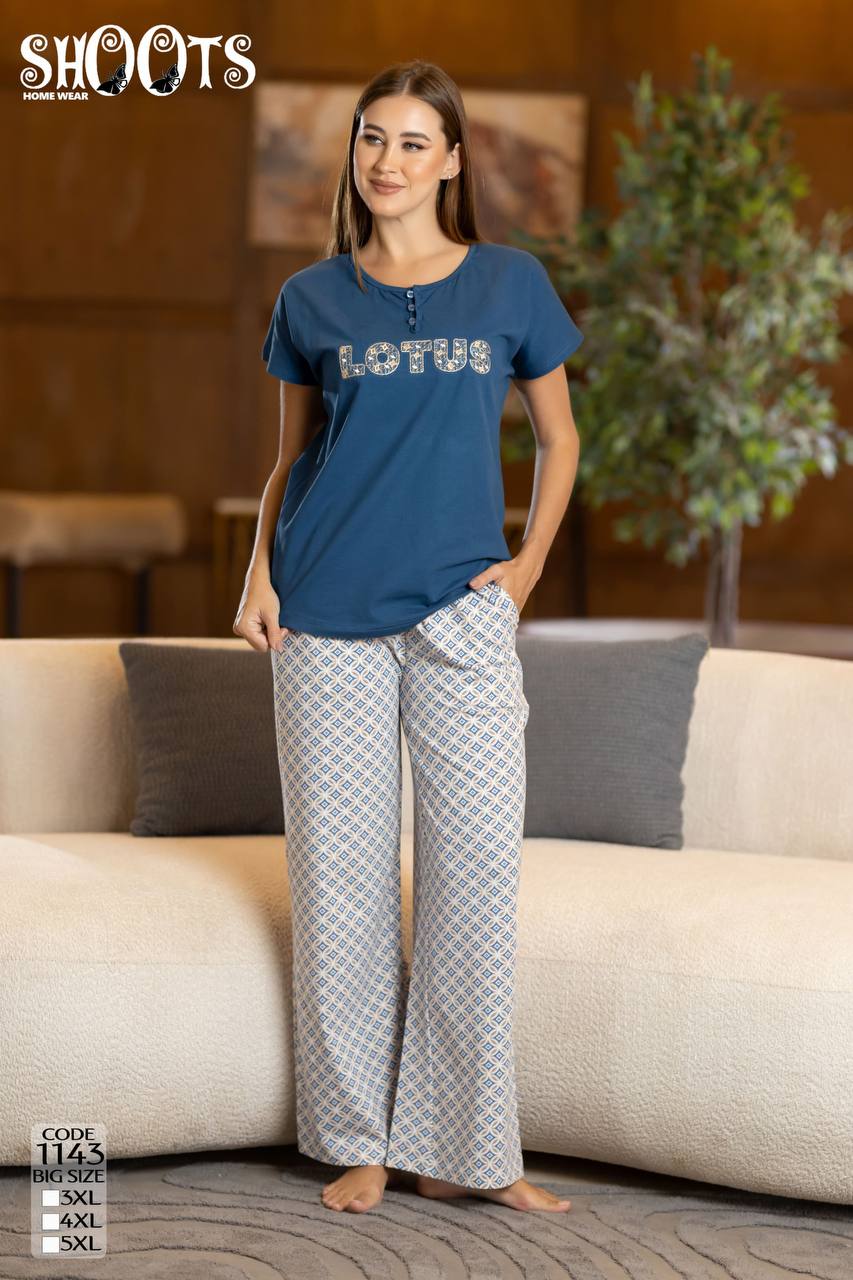 Blue “LOTUS” T-Shirt & Patterned Pants Set