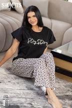 Black “Stay Strong” T-Shirt & Leopard Print Pants Set
