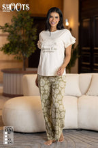 White Graphic T-Shirt & Green Patterned Pants Set