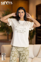 White Graphic T-Shirt & Green Patterned Pants Set