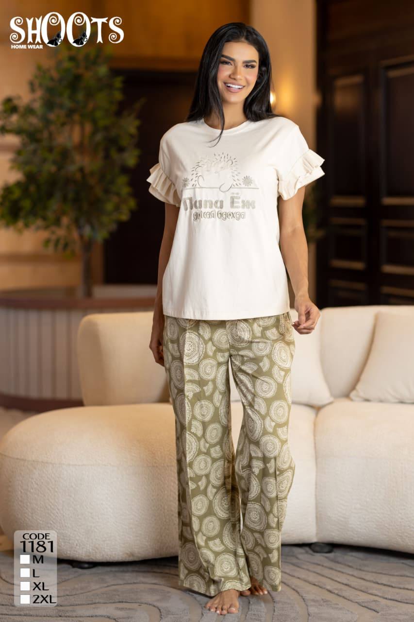 White Graphic T-Shirt & Green Patterned Pants Set