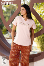 Light Pink Top & Brown Patterned Pants Set