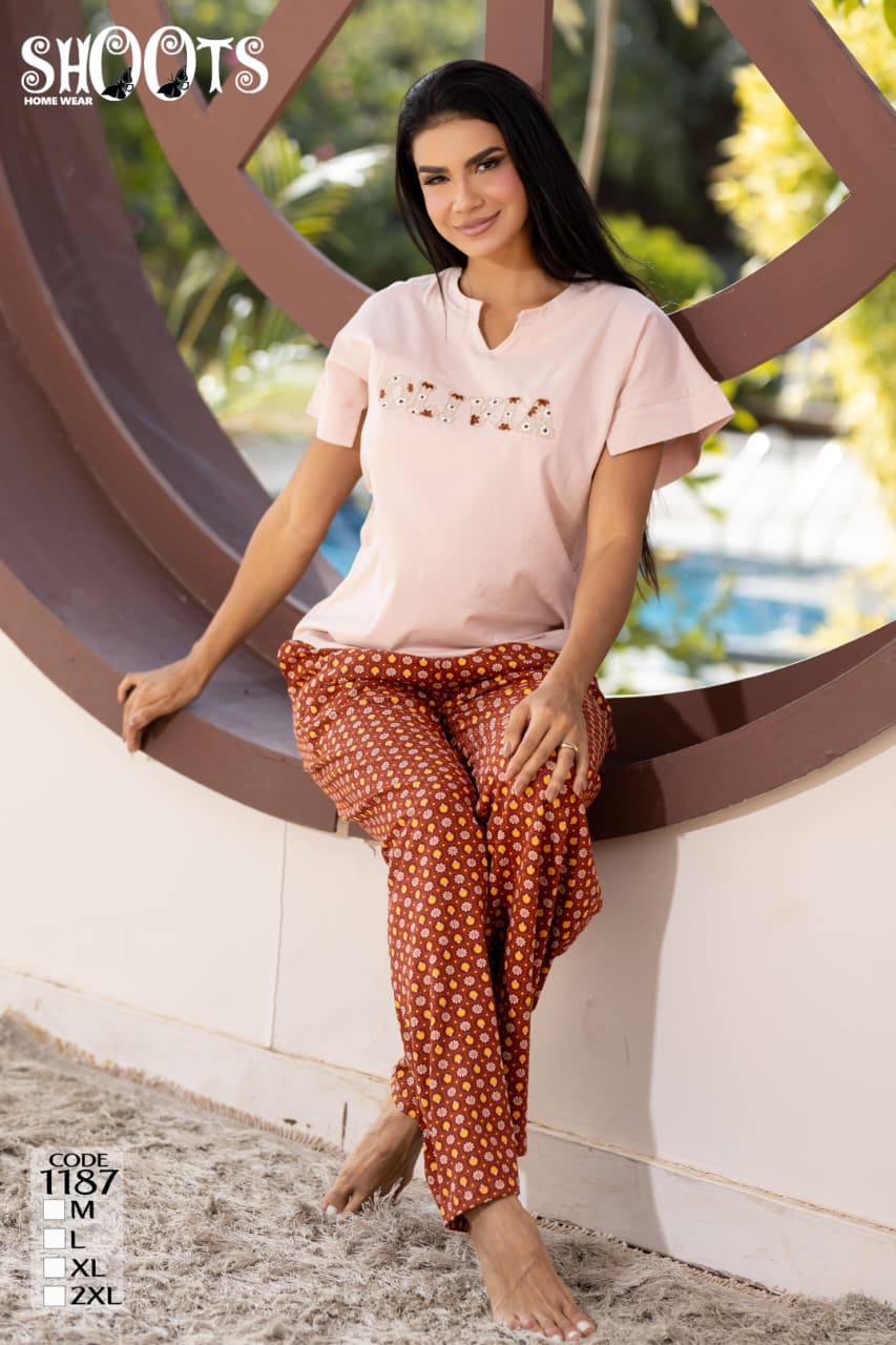 Light Pink Top & Brown Patterned Pants Set