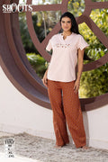 Light Pink Top & Brown Patterned Pants Set