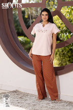 Light Pink Top & Brown Patterned Pants Set