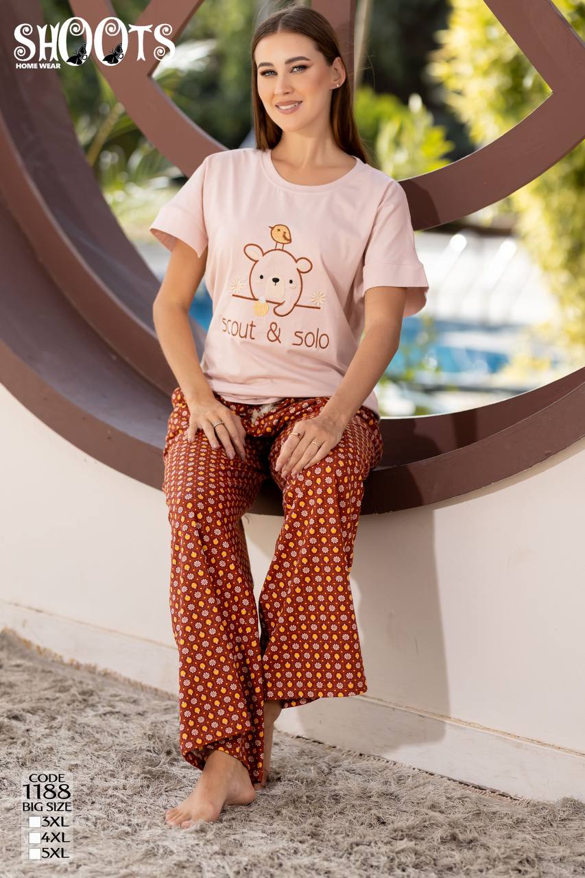 Light Pink Graphic T-Shirt & Brown Patterned Pants Set