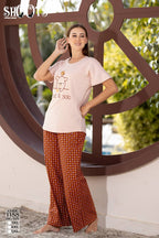 Light Pink Graphic T-Shirt & Brown Patterned Pants Set