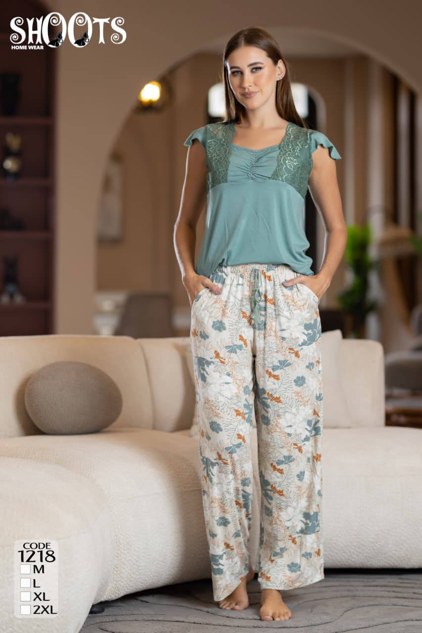 Teal Top & Patterned Pants Set