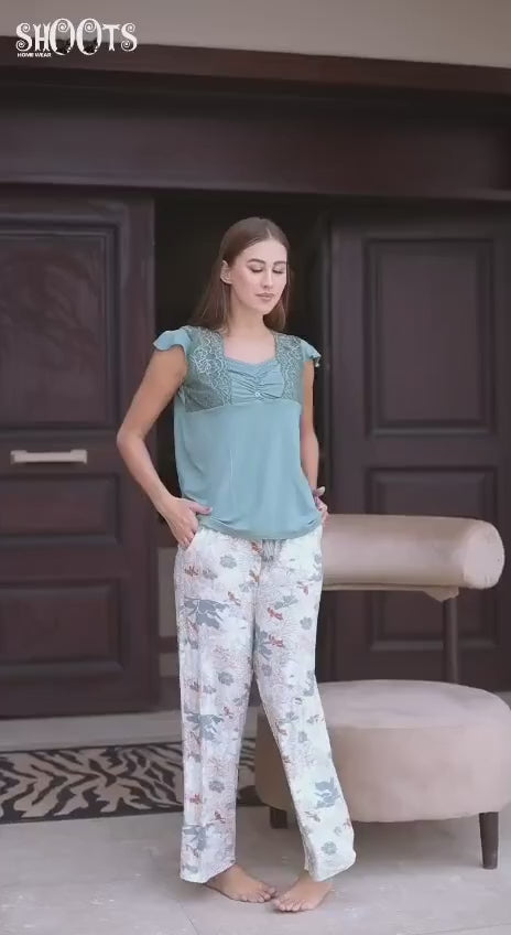 Teal Top & Patterned Pants Set