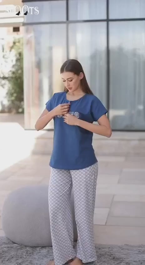 Blue “LOTUS” T-Shirt & Patterned Pants Set