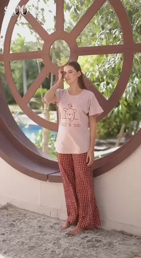 Light Pink Graphic T-Shirt & Brown Patterned Pants Set