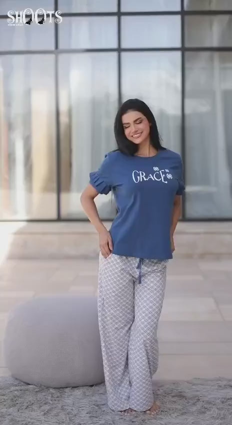 Blue “Grace” T-Shirt & Patterned Pants Set